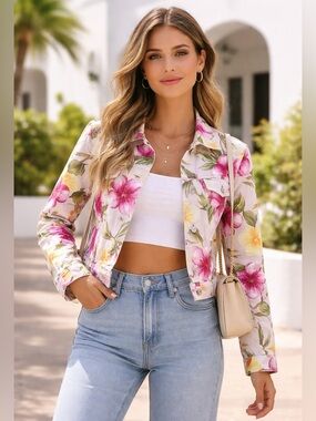 Caribbean Joe Floral Crop Jacket Size M